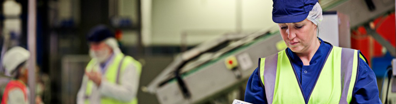 Siobhan Taub looking at a box of Sensodyne toothpaste on a production line, Maidenhead UK
